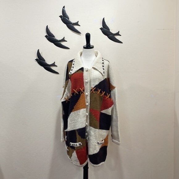 Hand Knit Alpaca Oversize Chunky Patchwork Cardigan ~Frontiers Scotland One Size - Picture 14 of 15